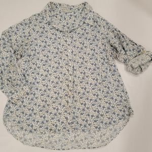 Jane and Delancey Blue Green Floral White Button Up Shirt M
